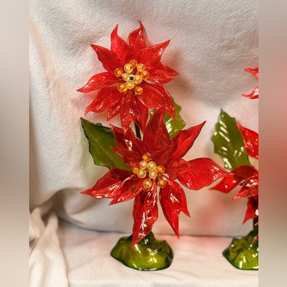 Vintage 60's Lucite Christmas Poinsettias Pair Red Green Glows C.K. Industries - Picture 6 of 12
